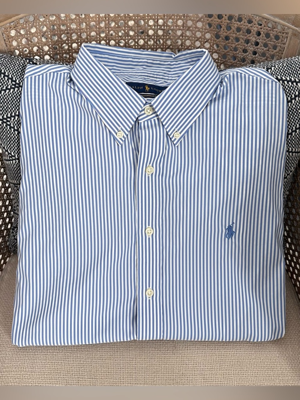 Ralph Lauren Performance Classic Pinstripe Long Sleeve Button Down Blue White XL
